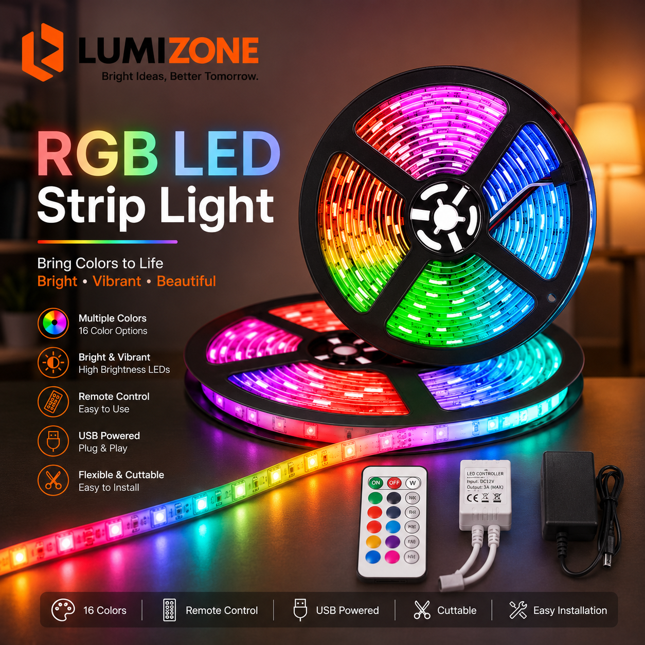 2026/06/file_0000000033ec71f8807b27331986ce4d.png RGB LED Strip Light with Remote Control, Power Adapter & Color Changing Modes - Image 1