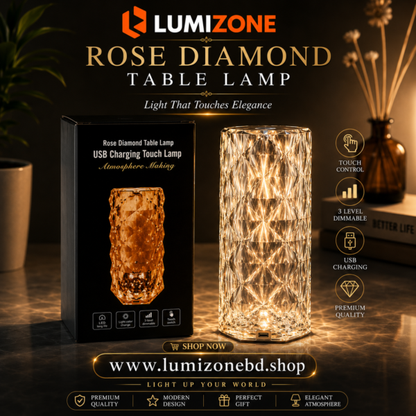 Rose Diamond Crystal LED Table Lamp | USB Rechargeable Touch Control Night Light
